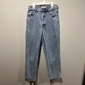 PacSun High Rise Straight Leg Jeans – Light Wash, Raw Hem, Button Fly, Size 27